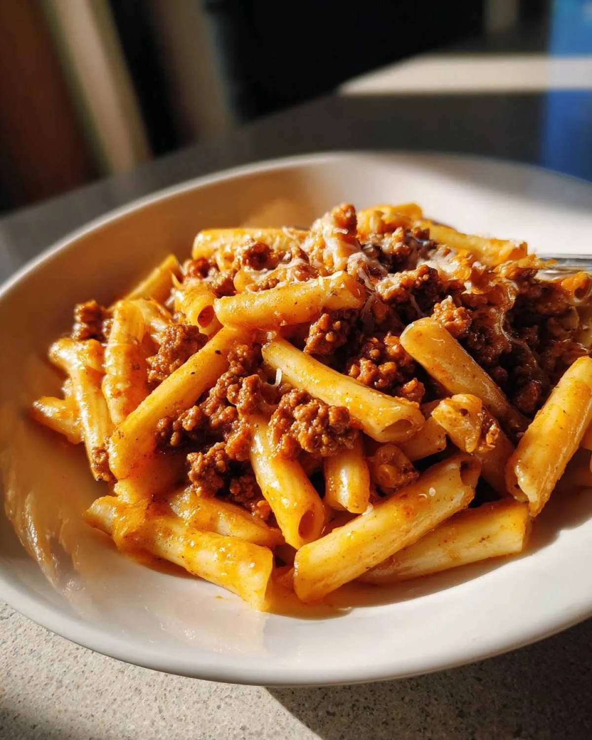 A close-up of a bowl filled with creamy beef pasta, featuring penne tubes coated in a rich meat sauce and topped with grated cheese.
