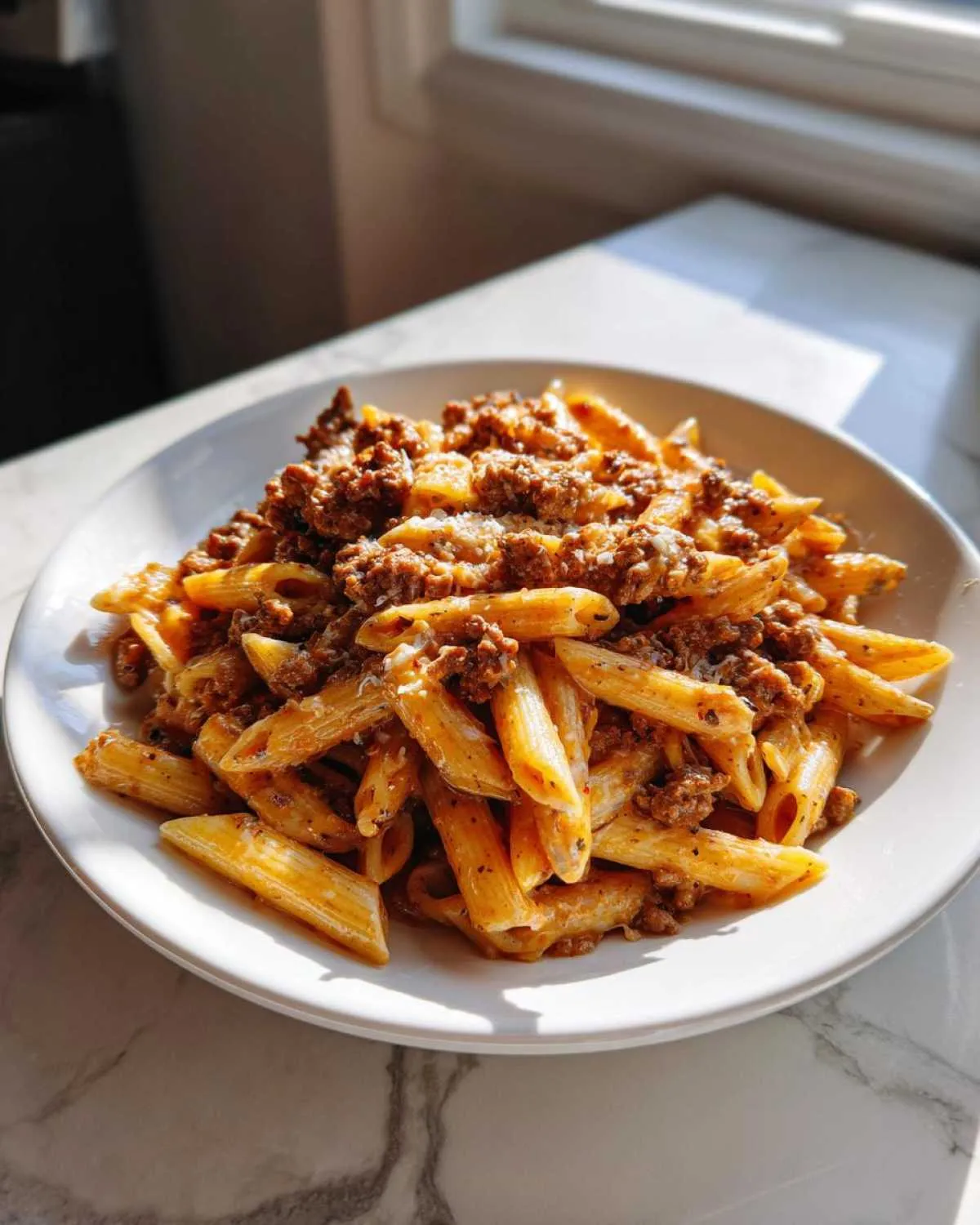 A white plate filled with creamy beef pasta made with penne, topped with ground meat sauce and grated cheese.