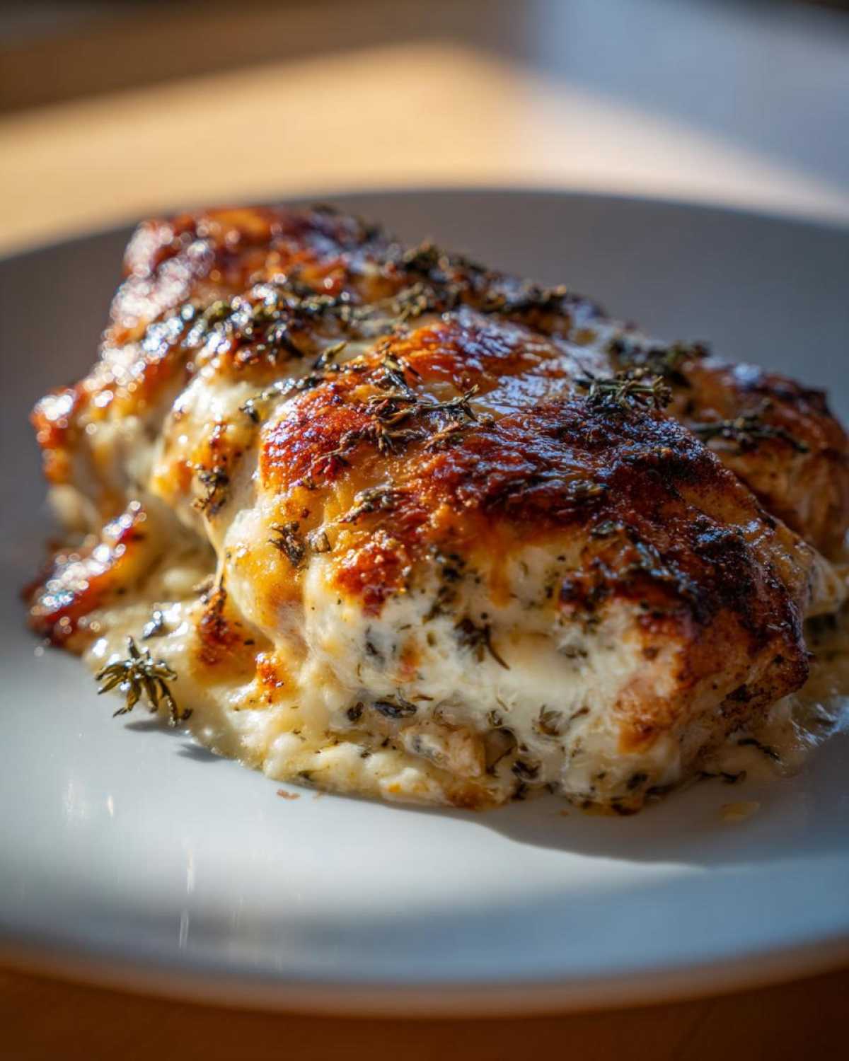 Close-up of baked caesar chicken breasts covered in creamy sauce and browned cheese, garnished with herbs.