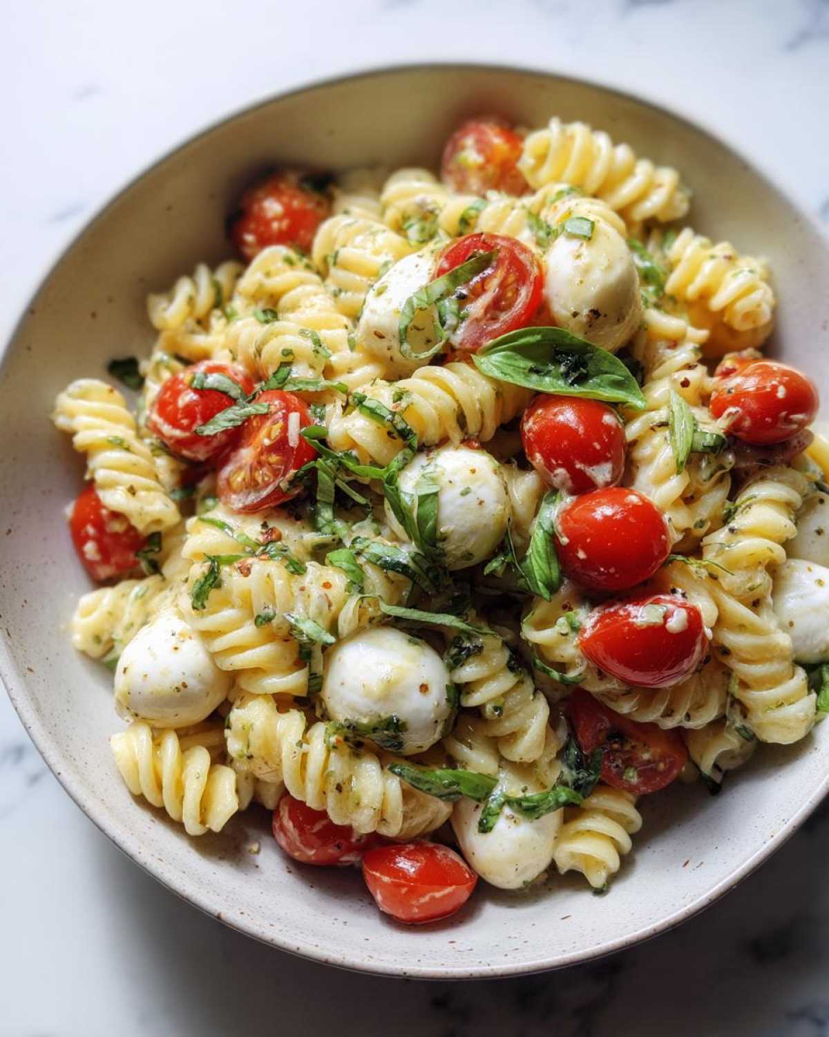 A bowl filled with creamy caprese pasta salad featuring rotini pasta, cherry tomatoes, mozzarella balls, and fresh basil.