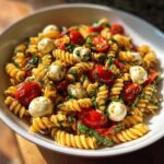 A close-up, appetizing shot of creamy caprese pasta salad featuring rotini pasta, cherry tomatoes, mozzarella balls, and fresh basil.