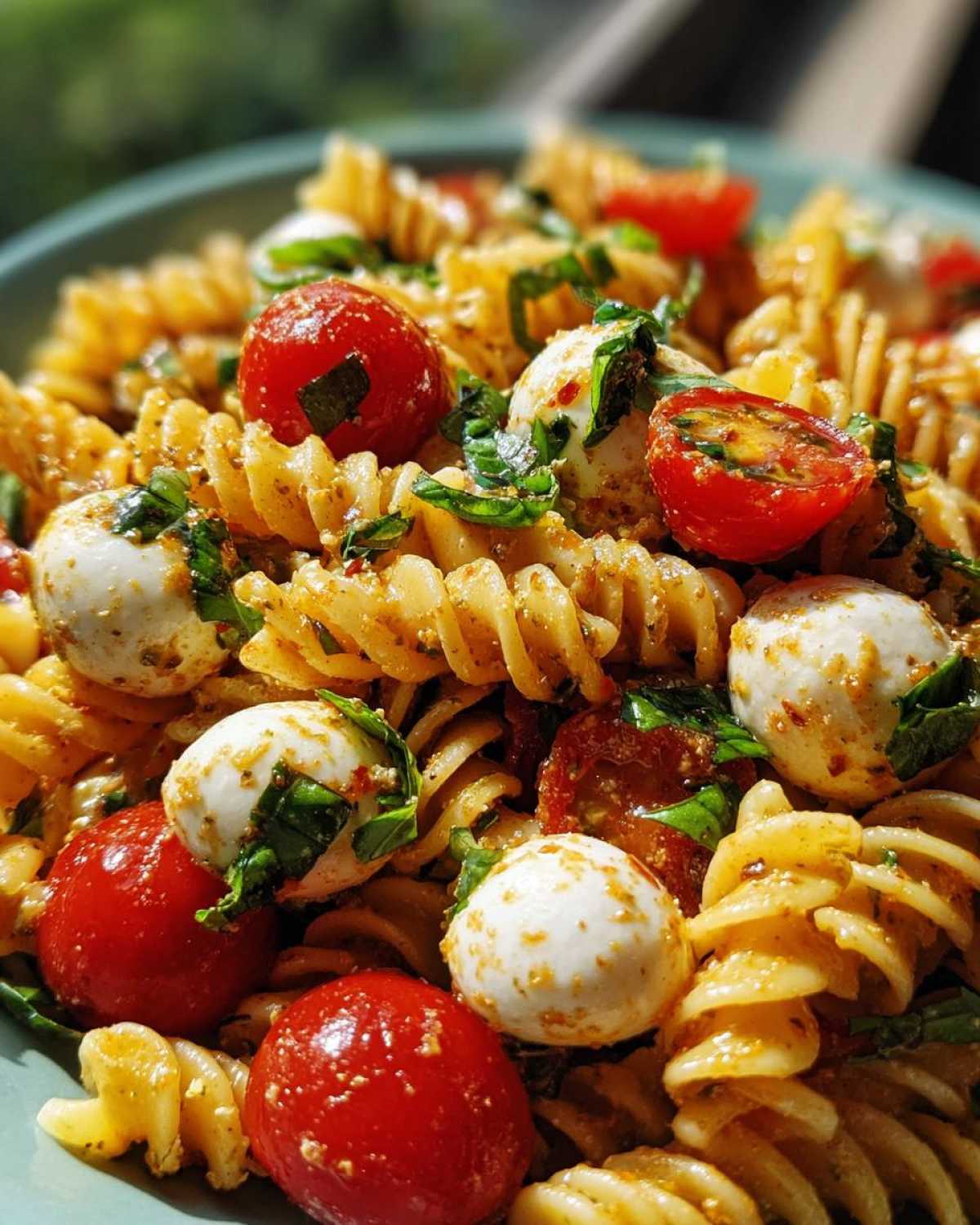 Close-up of creamy caprese pasta salad featuring rotini pasta, cherry tomatoes, and small mozzarella balls coated in pesto.