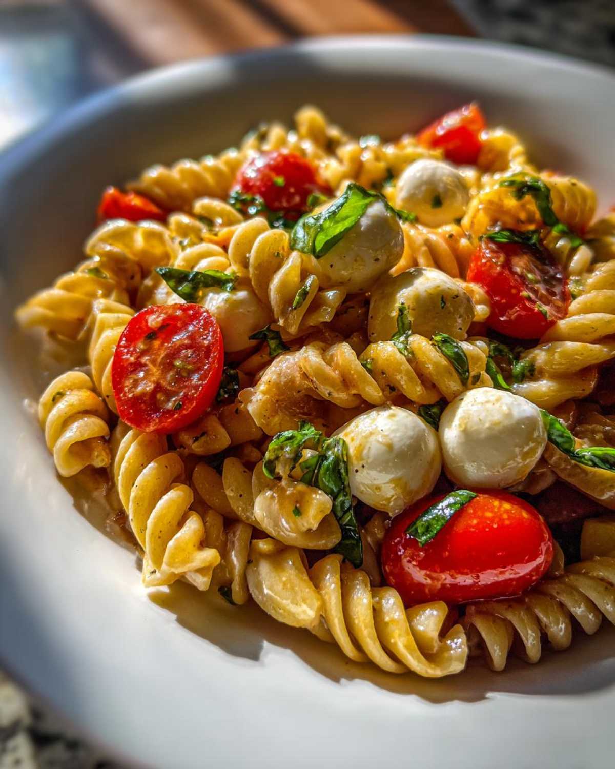 A close-up serving of creamy caprese pasta salad featuring rotini pasta, halved cherry tomatoes, small mozzarella balls, and fresh basil.