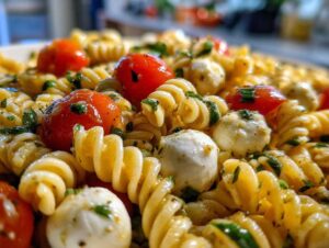Macro shot of creamy caprese pasta salad featuring rotini pasta, cherry tomatoes, and small mozzarella balls.