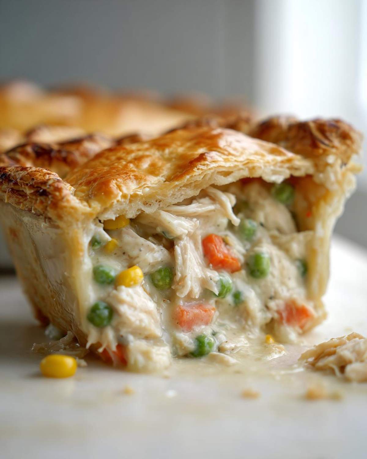 A close-up view of a freshly baked chicken pot with a golden crust, showing the creamy filling of shredded chicken, peas, carrots, and corn spilling out.