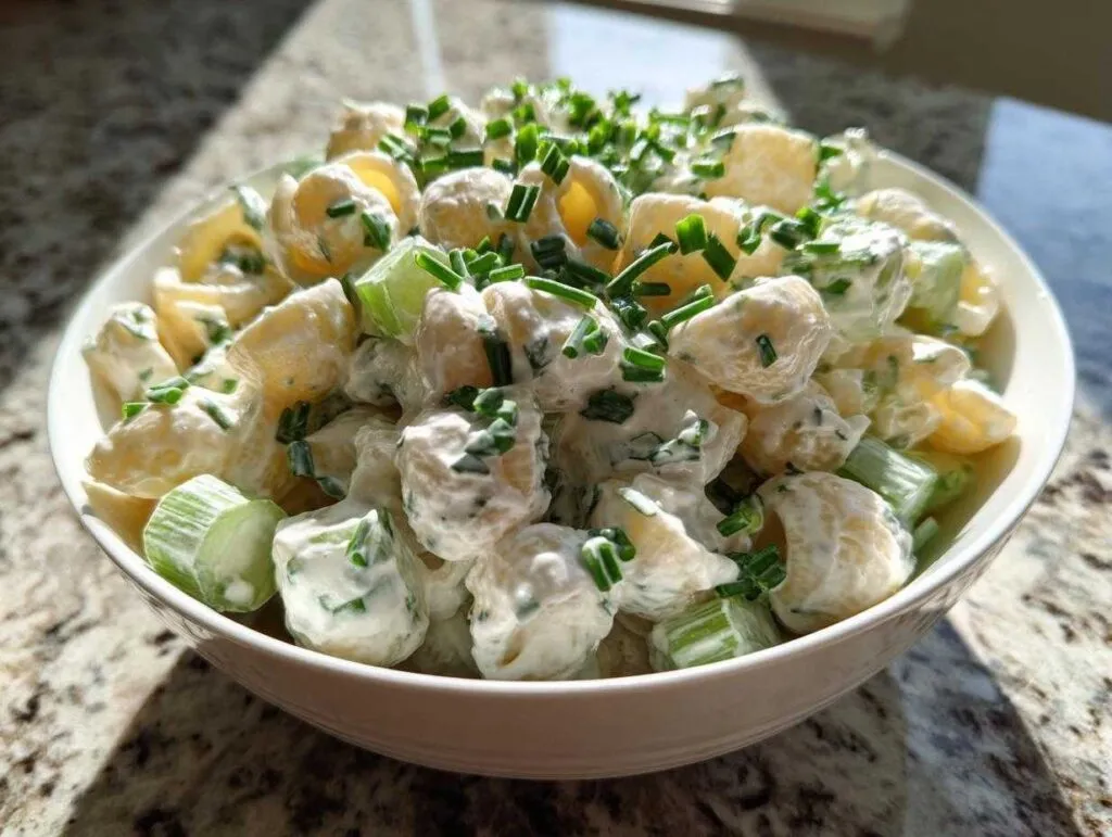 Close-up of a bowl filled with creamy cottage cheese pasta salad mixed with chopped celery and topped with fresh chives.