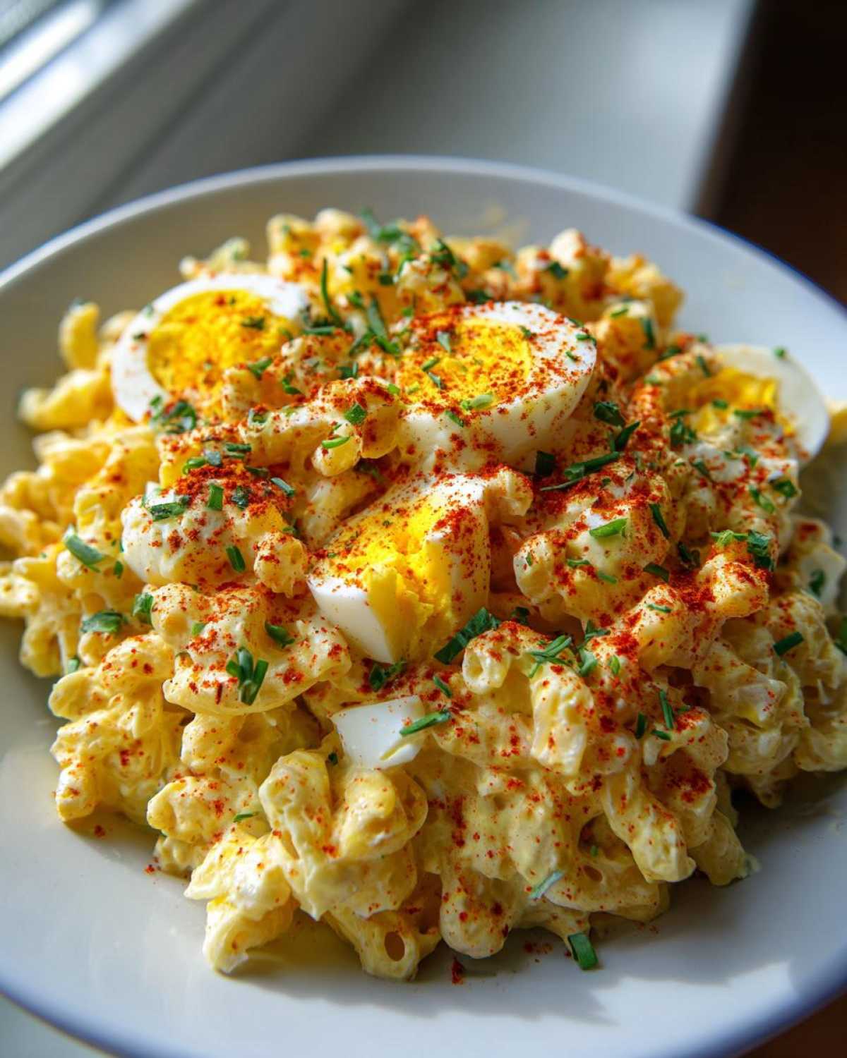 A close-up of creamy deviled egg pasta salad topped with sliced hard-boiled eggs, paprika, and chives.