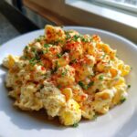 A close-up of creamy deviled egg pasta salad topped with paprika and chives on a white plate.