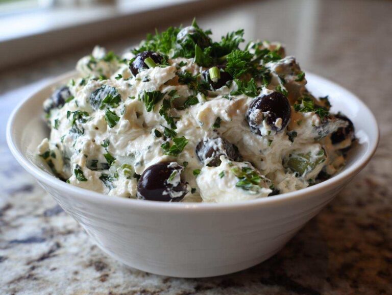 A white bowl filled with creamy olive lovers dream dip, studded with black olives and topped with fresh parsley.