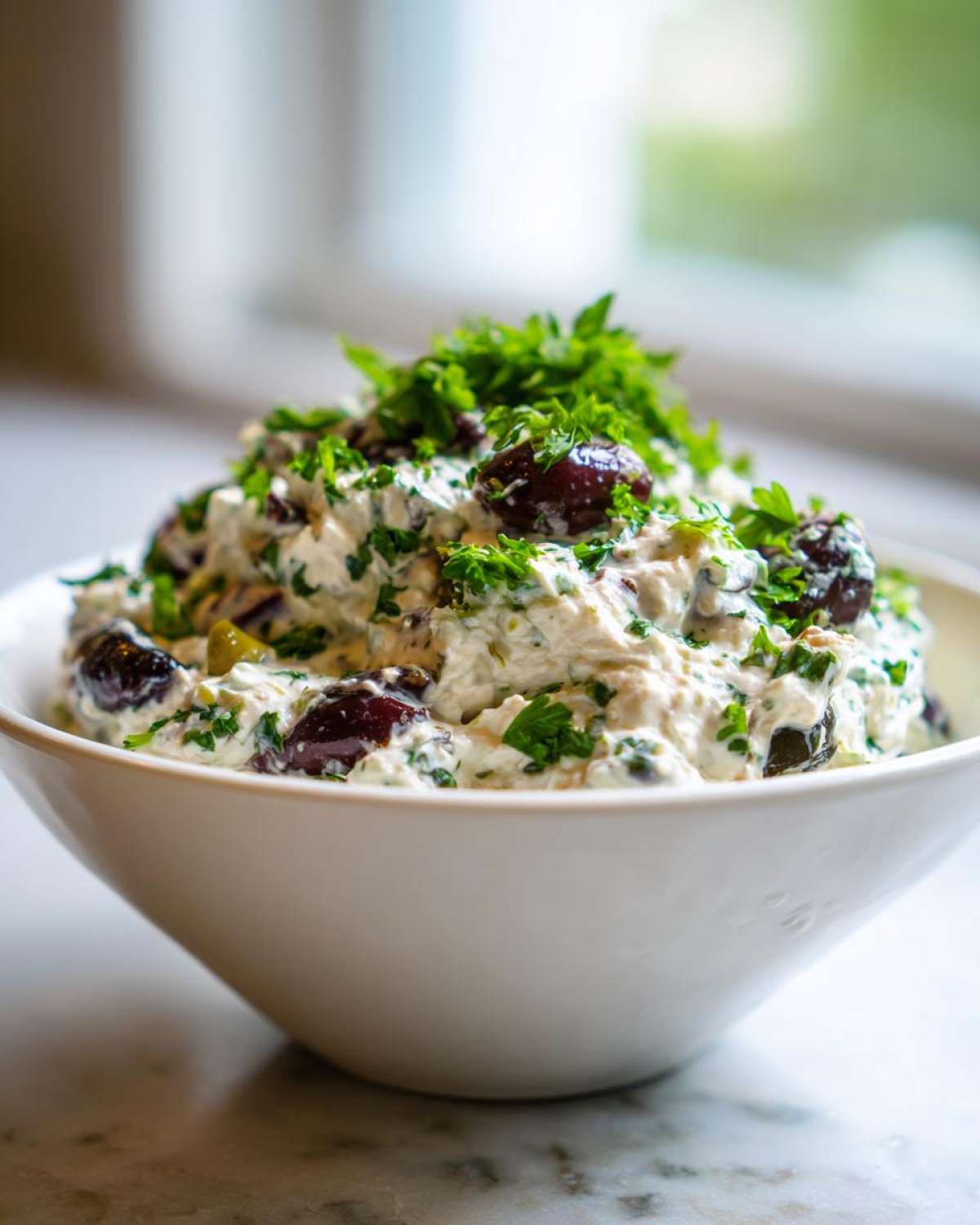 A white bowl overflowing with a creamy olive lovers dream dip, studded with dark olives and fresh parsley.