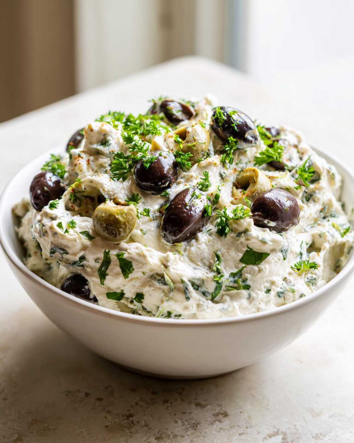 A close-up of a creamy olive lovers dream dip, garnished with whole black and green olives and fresh parsley.