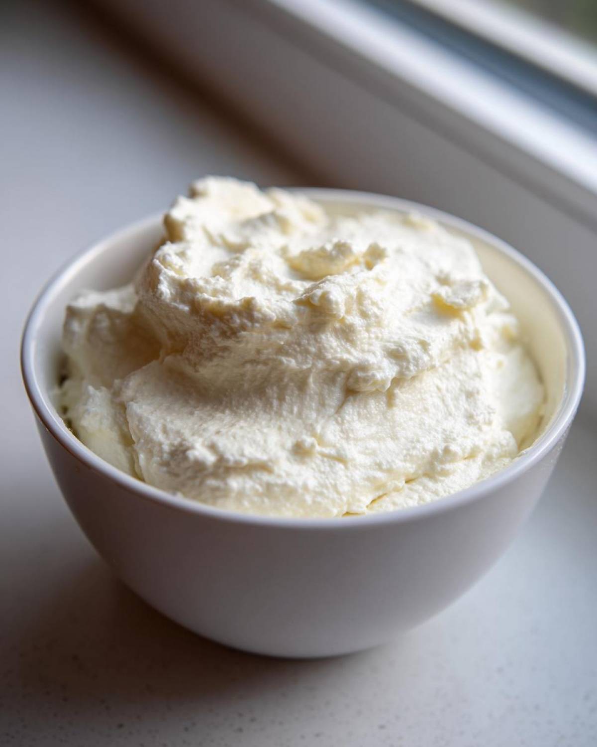 A white bowl filled with thick, creamy white pizza sauce, likely ricotta or béchamel based.