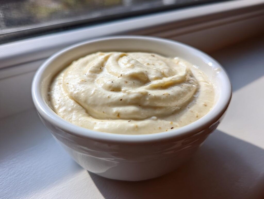 A close-up of thick, creamy white pizza sauce swirled in a small white ramekin, sitting on a windowsill.