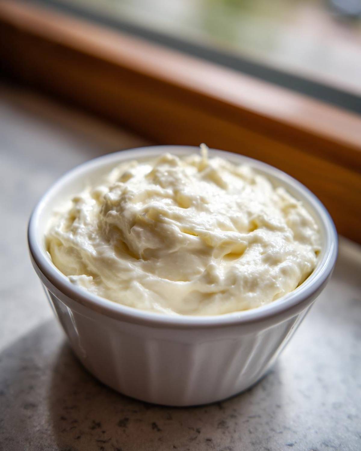 A close-up of thick, creamy white pizza sauce filling a small white ramekin.
