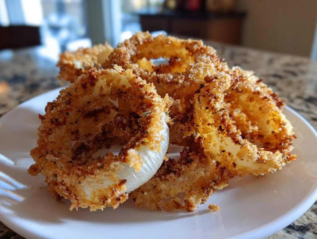 A close-up of several golden brown, crispy air fryer onion rings piled on a white plate.