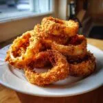 A close-up stack of golden brown, crispy air fryer onion rings piled high on a white plate.