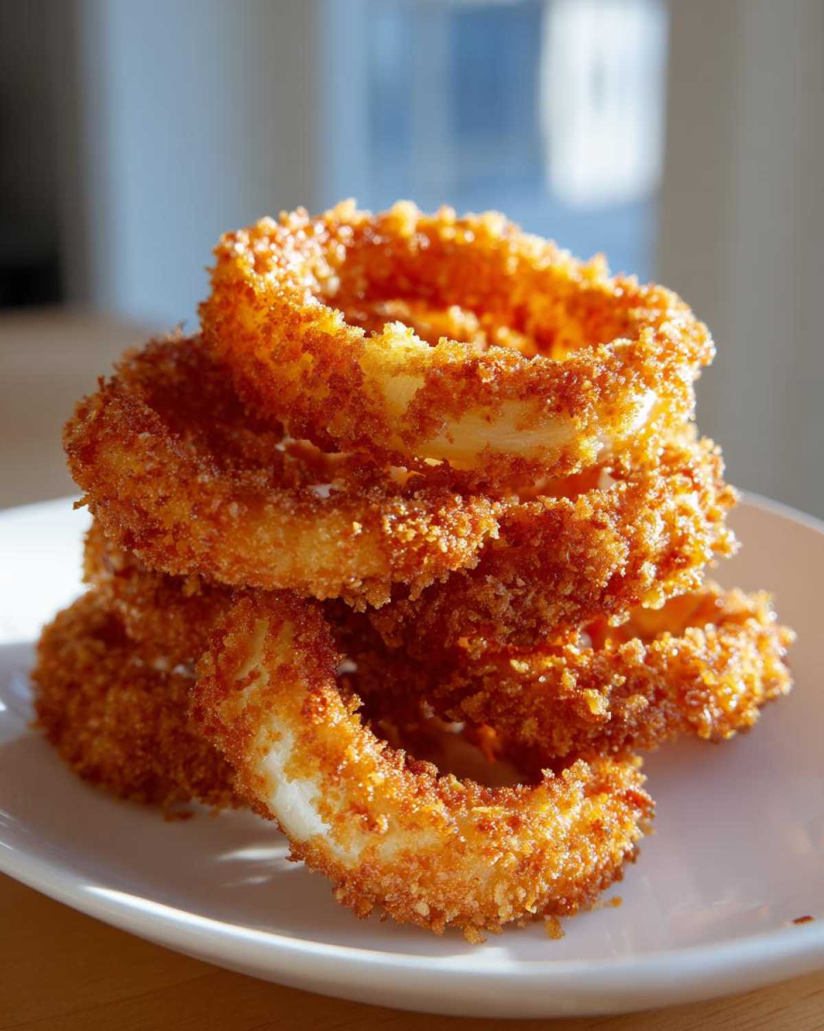 A stack of golden brown, crispy air fryer onion rings piled high on a white plate.