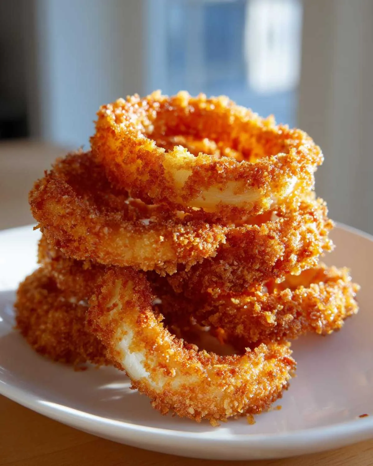 A stack of golden brown, crispy air fryer onion rings piled high on a white plate.
