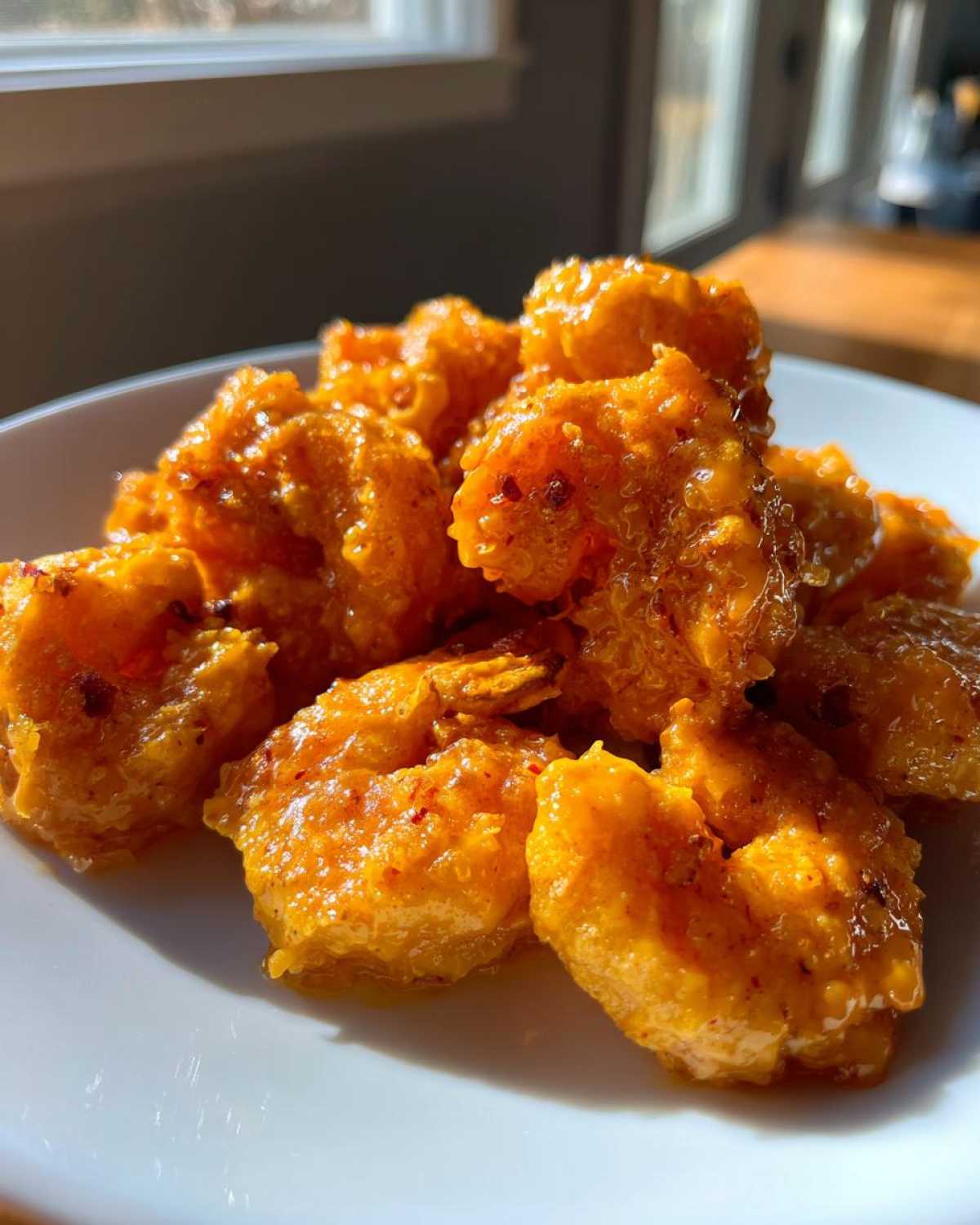 Close-up of crispy, battered bang bang shrimp piled on a white plate, glistening with orange sauce.