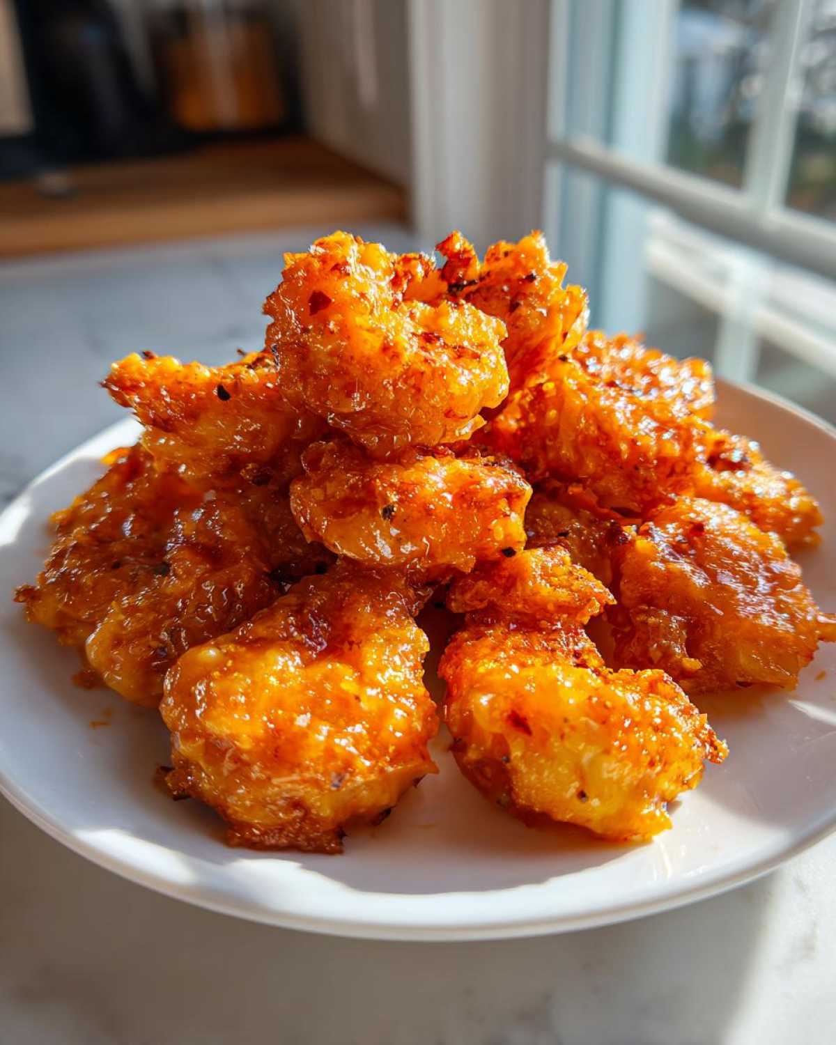 A close-up of crispy, glazed Bang Bang Shrimp piled high on a white plate, catching the sunlight.
