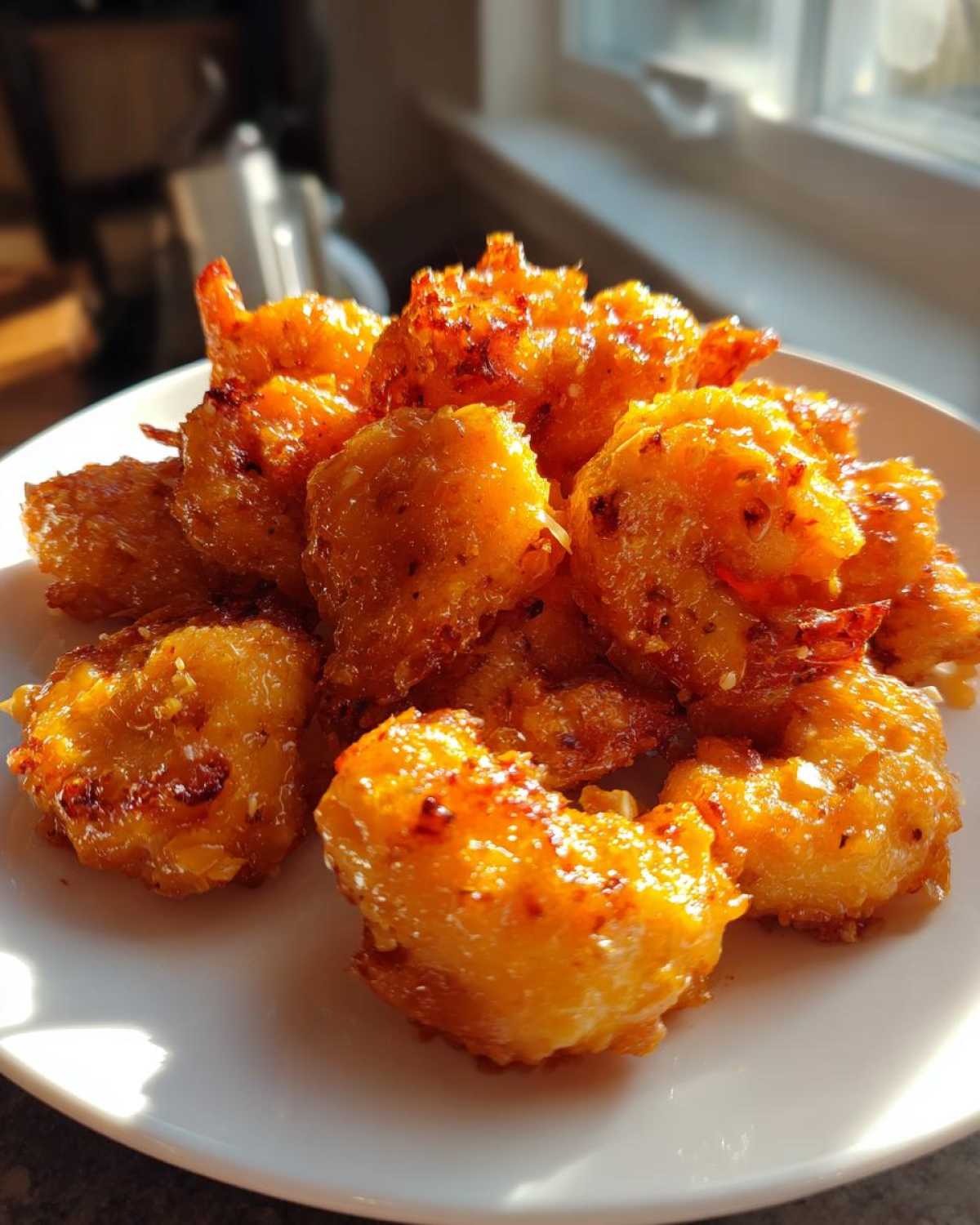 A pile of crispy, glazed Bang Bang Shrimp served on a white plate, catching bright sunlight.