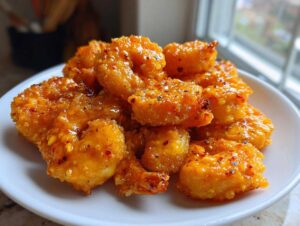 A close-up of crispy, golden-brown bang bang shrimp piled high on a white plate, coated in a glossy, spicy orange sauce.