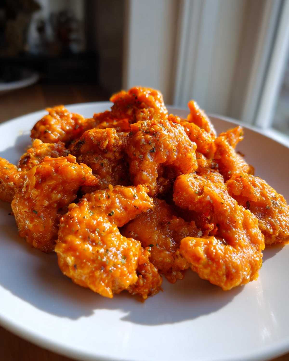 A plate piled high with crispy, orange-sauced bang bang shrimp, glistening under natural light.