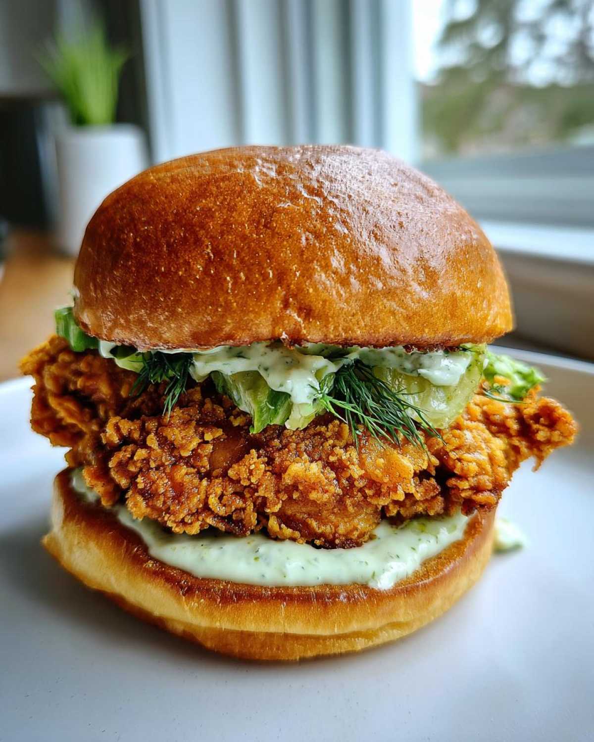 Close-up of a crispy dill chicken sandwich featuring a thick, golden fried chicken fillet, dill sauce, and pickles on a toasted bun.