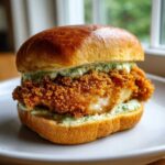 Close-up of a crispy dill chicken sandwich featuring a thick, golden-brown fried chicken fillet and creamy dill sauce on a toasted brioche bun.
