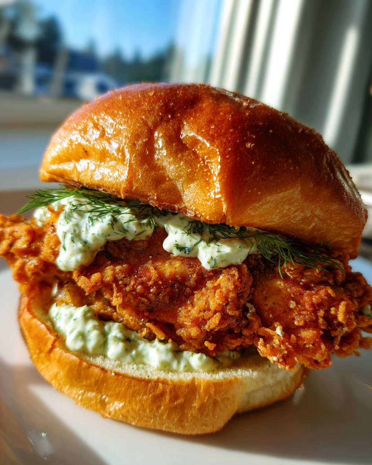 A close-up of a crispy dill chicken sandwich featuring a golden fried chicken fillet, dill sauce, and fresh dill on a shiny brioche bun.