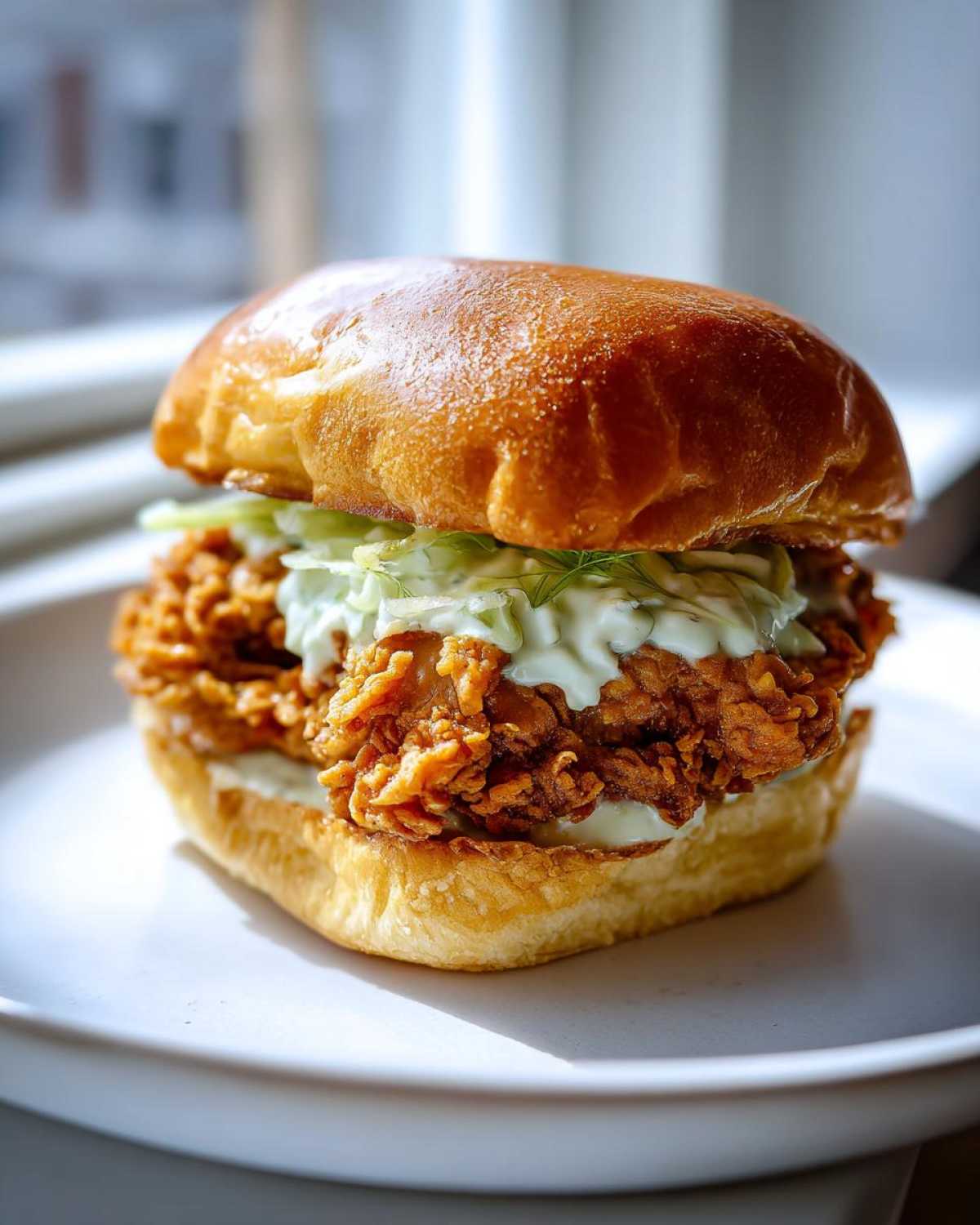 A close-up of a crispy dill chicken sandwich with a golden bun and creamy dill slaw.