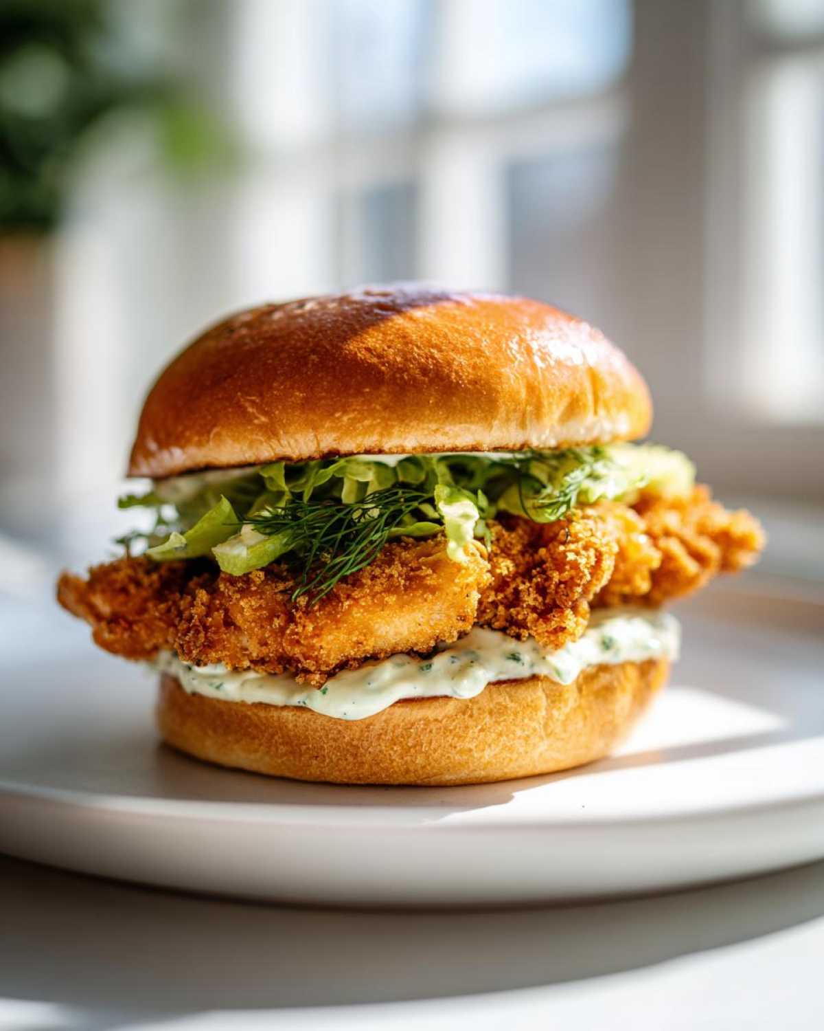 A perfectly assembled crispy dill chicken sandwich featuring golden fried chicken, creamy dill sauce, and fresh lettuce on a toasted bun.
