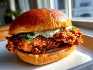 A close-up of a crispy dill chicken sandwich featuring a heavily breaded, golden-brown chicken fillet on a toasted bun with creamy dill sauce.