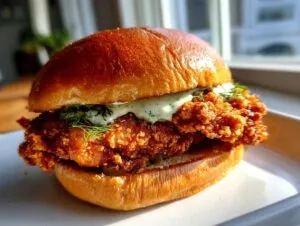 A close-up of a crispy dill chicken sandwich featuring a heavily breaded, golden-brown chicken fillet on a toasted bun with creamy dill sauce.