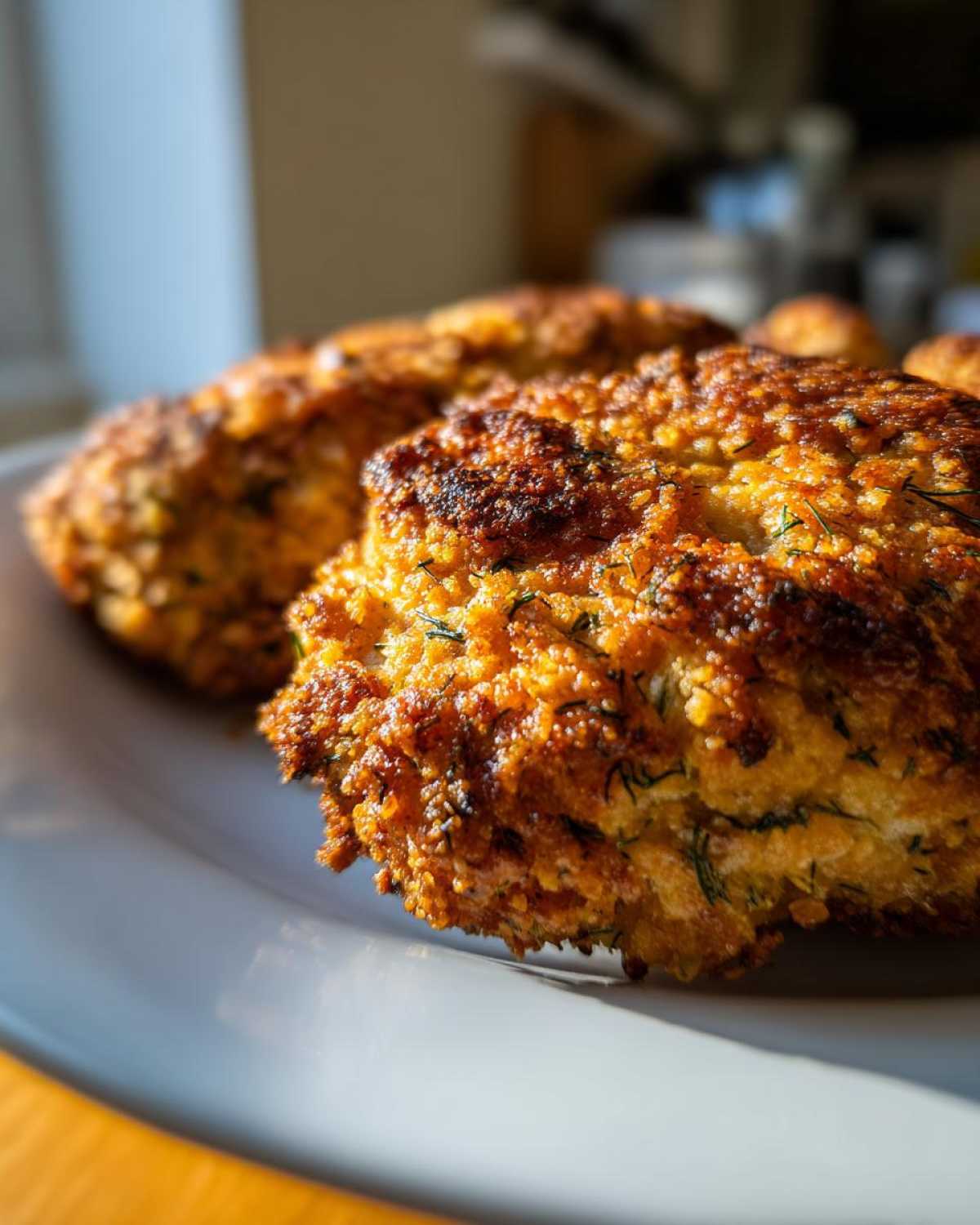 Close-up of golden brown, crispy coating on a piece of crispy dill pickle parmesan chicken, showing texture and dill flecks.