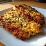 Two golden brown, crispy dill pickle parmesan chicken fillets seasoned with herbs on a white plate.