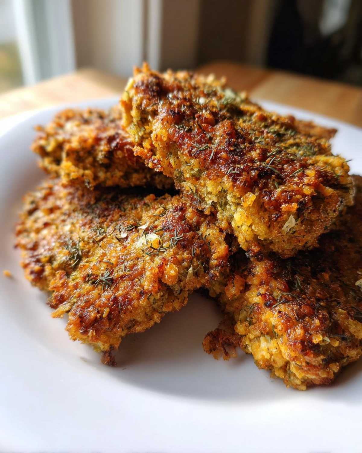 Close-up of golden brown, crispy dill pickle parmesan chicken pieces stacked on a white plate.