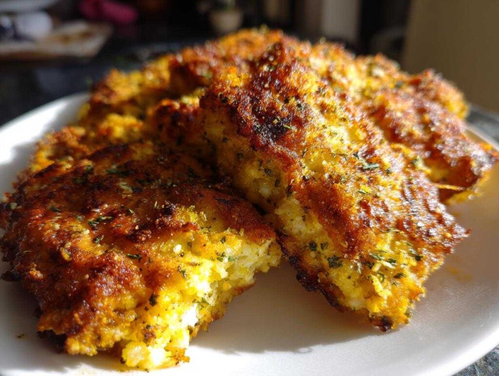 Close-up of golden-brown, crispy dill pickle parmesan chicken pieces stacked on a white plate.