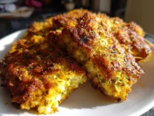Close-up of golden-brown, crispy dill pickle parmesan chicken pieces stacked on a white plate.