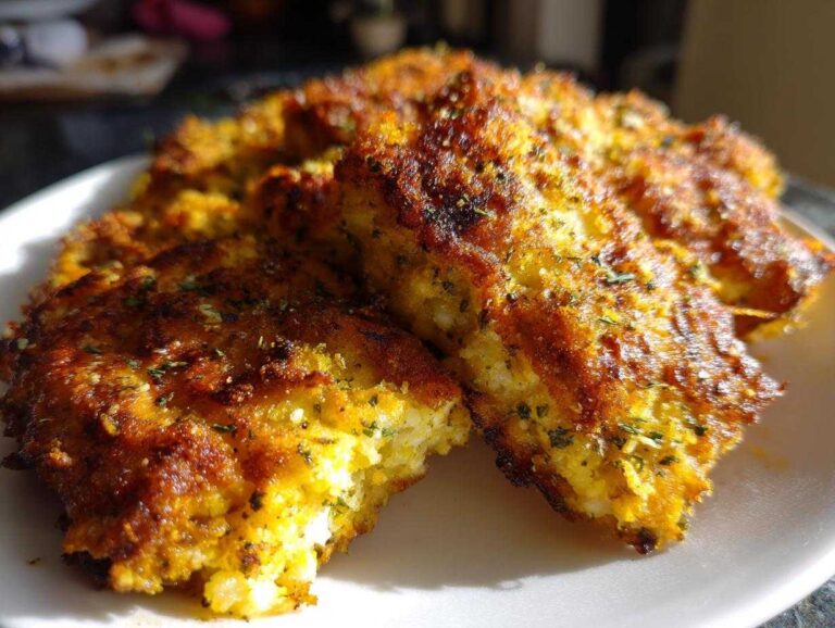 Close-up of golden-brown, crispy dill pickle parmesan chicken pieces stacked on a white plate.