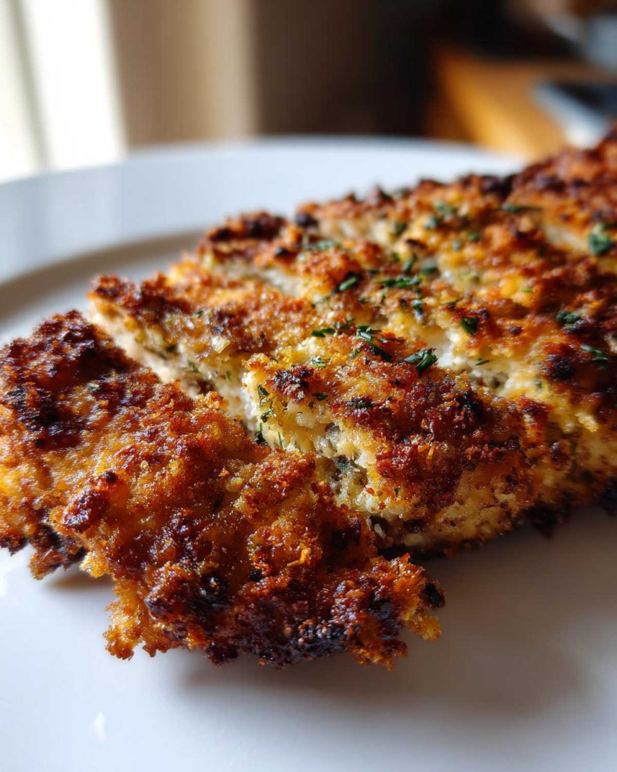 Close-up of sliced crispy dill pickle parmesan chicken showing the golden-brown crust and moist interior.