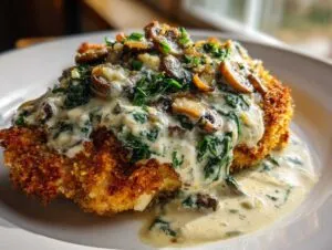 Close-up of crispy malibu chicken topped with a rich, creamy sauce featuring spinach and sliced mushrooms.