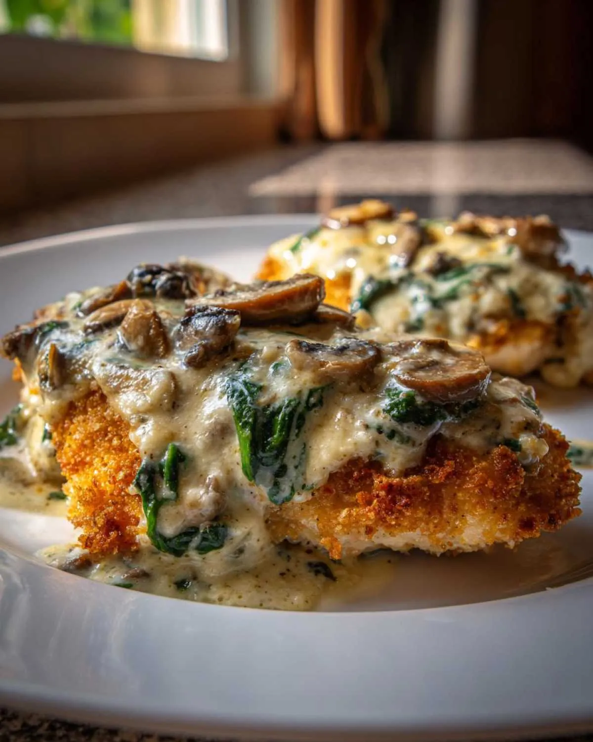 Close-up of crispy malibu chicken topped with a creamy sauce featuring spinach and sautéed mushrooms.