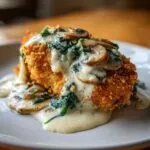 Close-up of crispy Malibu chicken topped with creamy sauce, sautéed spinach, and sliced mushrooms.