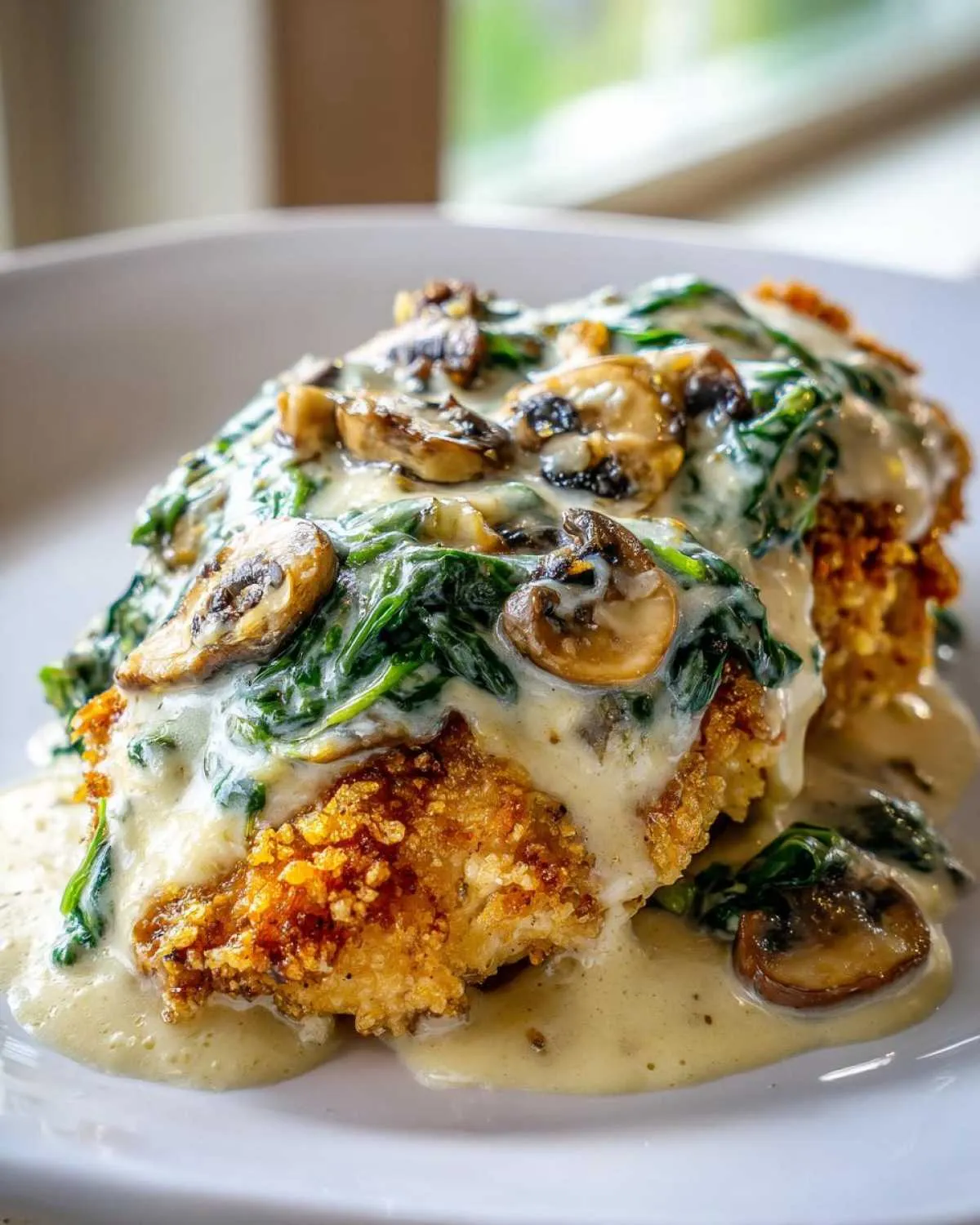 A piece of crispy Malibu chicken smothered in a creamy sauce with spinach and sliced mushrooms.
