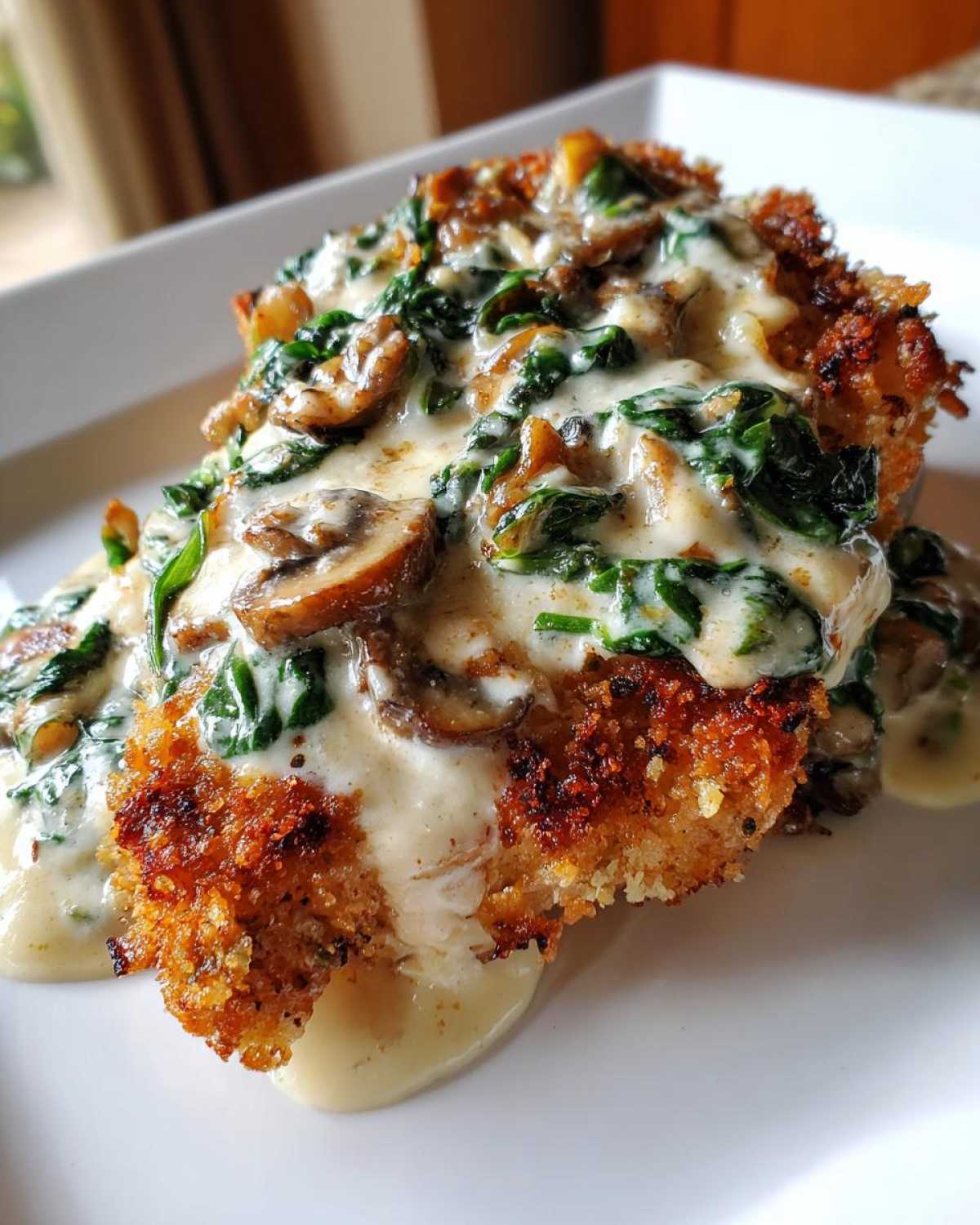 Close-up of crispy Malibu chicken topped generously with a creamy sauce featuring sautéed mushrooms and spinach.