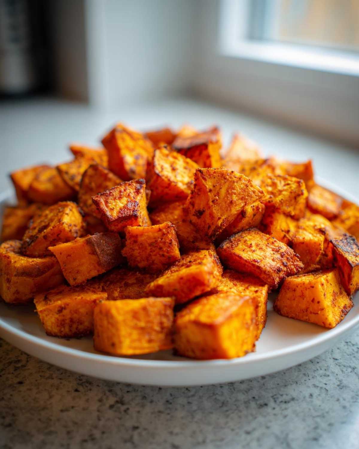 Close-up of perfectly roasted, crispy seasoned sweet potatoes cubes piled high on a white serving dish.