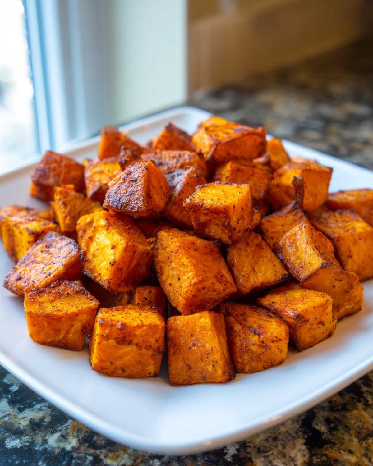 A close-up of perfectly roasted, crispy sweet potatoes cubes seasoned and piled on a white serving dish.