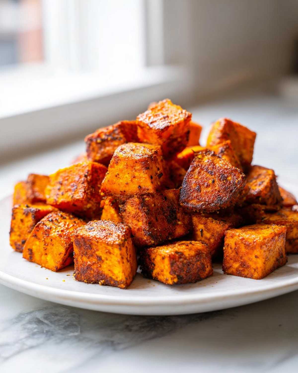 A pile of perfectly roasted, crispy seasoned sweet potatoes cubes served on a white plate.