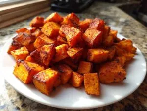 A close-up of perfectly roasted, crispy sweet potatoes cubes piled high on a white plate.